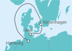 Reiseroute der Kreuzfahrt  3 Nächte - Kurzreise Kopenhagen - ab Kiel/bis Hamburg  - Mein Schiff