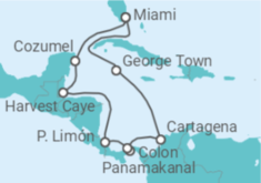 Reiseroute der Kreuzfahrt  Kaimaninseln, Kolumbien, Panama, Costa Rica, Mexiko - NCL Norwegian Cruise Line