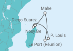 Reiseroute der Kreuzfahrt  Mauritius, Seychellen & Madagaskar 1 - AIDA