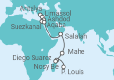 Reiseroute der Kreuzfahrt  von Antalya nach Mauritius 1 - AIDA