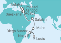 Reiseroute der Kreuzfahrt  von Antalya nach Mauritius 2 - AIDA