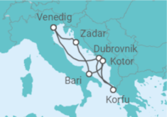 Reiseroute der Kreuzfahrt  Kroatien, Griechenland, Montenegro, Italien - MSC Cruises