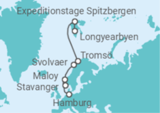 Reiseroute der Kreuzfahrt  Expedition Spitzbergen und Norwegen (Polarlicht-Abenteuer) - Nordmeer-Poesie zur Polarlichtsaison - Hapag-Lloyd Cruises