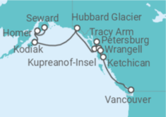 Reiseroute der Kreuzfahrt  Alaska (Inside Passage Kurs Süd) – Abenteuerkurs durch ungebändigte Natur - Hapag-Lloyd Cruises
