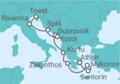 Reiseroute der Kreuzfahrt  Griechenland, Kroatien, Montenegro, Italien - NCL Norwegian Cruise Line