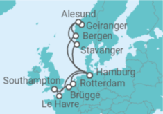 Reiseroute der Kreuzfahrt  Metropolen & Norwegen ab Rotterdam - AIDA