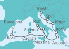 Reiseroute der Kreuzfahrt  Von Barcelona nach Triest (Italien) - Cunard