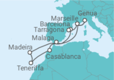 Reiseroute der Kreuzfahrt  Marokko, Spanien, Portugal, Frankreich, Italien - MSC Cruises