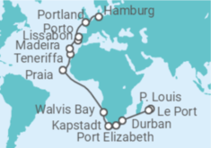 Reiseroute der Kreuzfahrt  Von Mauritius nach Hamburg - AIDA