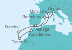 Reiseroute der Kreuzfahrt  Frankreich, Italien, Spanien, Marokko, Portugal - MSC Cruises