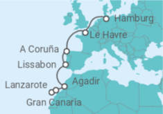 Reiseroute der Kreuzfahrt  11 Tage - Marokkanisches Flair und Europas Westküste - ab Las Palmas/an Hamburg - Mein Schiff