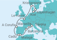 Reiseroute der Kreuzfahrt  Dänemark, Frankreich, Spanien - Costa Kreuzfahrten