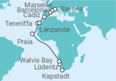 Reiseroute der Kreuzfahrt  Namibia, Kapverden, Spanien, Frankreich - Costa Kreuzfahrten