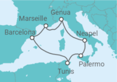 Reiseroute der Kreuzfahrt  Italien, Tunesien, Spanien - MSC Cruises