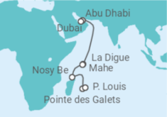 Reiseroute der Kreuzfahrt  Vereinigte Arabische Emirate, Seychellen, Madagaskar, Réunion, Mauritius - NCL Norwegian Cruise Line