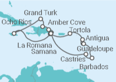 Reiseroute der Kreuzfahrt  Jamaika, Bahamas, Dominikanische Republik, St. Lucia, Barbados, Guadeloupe, Antigua Und Barbuda, ... - Costa Kreuzfahrten