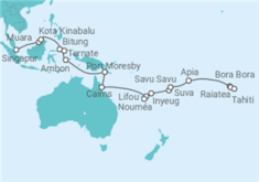 Reiseroute der Kreuzfahrt  Singapur • Java • Brunei • Borneo • Malaysia • Molukken • Cairns • Vanuatu • Fidschi • Samoa •  Bora - Nicko Cruises