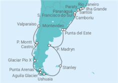 Reiseroute der Kreuzfahrt  Valparaíso • Chilenische Fjordwelt • Ushuaia • Falklandinseln • Montevideo • Porto Alegre • Ilha Gra - Nicko Cruises