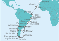 Reiseroute der Kreuzfahrt  Valparaíso • Chilenische Fjordwelt • Falklandinseln • Montevideo  • Porto Alegre • Paraty • Rio de J - Nicko Cruises