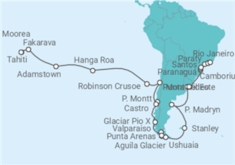 Reiseroute der Kreuzfahrt  Tahiti • Osterinsel  • Valparaíso  • Chilenische Fjordwelt • Falklandinseln • Montevideo • Ilha Gran - Nicko Cruises