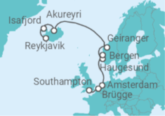 Reiseroute der Kreuzfahrt  Island, Norwegen, Niederlande, Belgien - NCL Norwegian Cruise Line