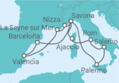 Reiseroute der Kreuzfahrt  14 Nächte - Faszination Mittelmeer - ab/bis Savona - Mein Schiff