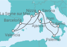 Reiseroute der Kreuzfahrt  14 Nächte - Faszination Mittelmeer - ab/bis Savona - Mein Schiff