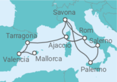 Reiseroute der Kreuzfahrt  14 Nächte -  Höhepunkte Spaniens und Italiens - ab Savona/bis Palma
- Mein Schiff