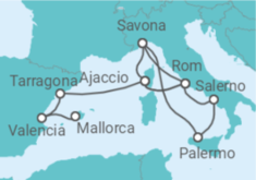 Reiseroute der Kreuzfahrt  14 Nächte -  Höhepunkte Spaniens und Italiens - ab Savona/bis Palma
- Mein Schiff