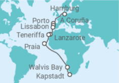 Reiseroute der Kreuzfahrt  Von Hamburg über die Kanaren nach Kapstadt - AIDA