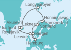 Reiseroute der Kreuzfahrt  Vereinigtes Königreich, Island, Norwegen - AIDA