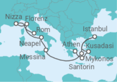 Reiseroute der Kreuzfahrt  Griechenland, Türkei, Italien, Frankreich - NCL Norwegian Cruise Line