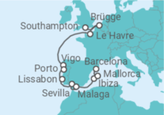 Reiseroute der Kreuzfahrt  Von Southampton (England) nach Barcelona - NCL Norwegian Cruise Line