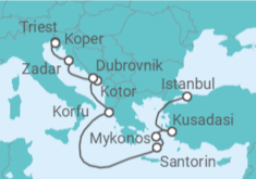 Reiseroute der Kreuzfahrt  Slowenien, Montenegro, Kroatien, Griechenland, Türkei - NCL Norwegian Cruise Line