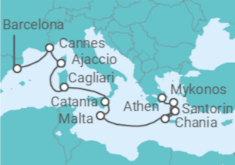 Reiseroute der Kreuzfahrt  Frankreich, Italien, Malta, Griechenland - Virgin Voyages