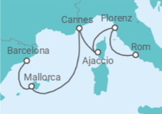 Reiseroute der Kreuzfahrt  Spanien, Frankreich, Italien - Virgin Voyages