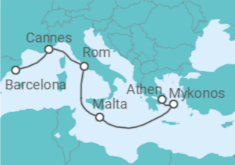 Reiseroute der Kreuzfahrt  Frankreich, Italien, Malta, Griechenland - Virgin Voyages