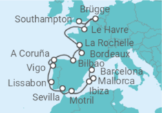 Reiseroute der Kreuzfahrt  Von Southampton (England) nach Barcelona - NCL Norwegian Cruise Line