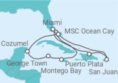 Reiseroute der Kreuzfahrt  Puerto Rico, USA, Jamaika, Kaimaninseln, Mexiko - MSC Cruises