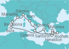 Reiseroute der Kreuzfahrt  Italien, Griechenland, Spanien, Frankreich Alles Inklusive - Costa Kreuzfahrten