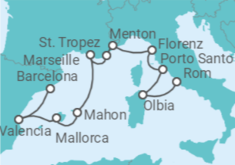 Reiseroute der Kreuzfahrt  Spanien, Frankreich, Italien - Silversea