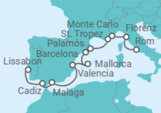 Reiseroute der Kreuzfahrt  Von Porto (Disembark), Óbidos, Transfer to Lisbon nach Civitavecchia (Rom) - Silversea