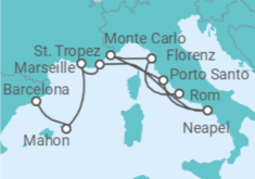 Reiseroute der Kreuzfahrt  Italien, Monaco, Frankreich, Spanien - Silversea