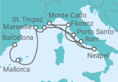 Reiseroute der Kreuzfahrt  Spanien, Frankreich, Italien, Monaco - Silversea