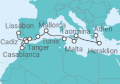 Reiseroute der Kreuzfahrt  Von Porto (Disembark), Óbidos, Transfer to Lisbon nach Athen (Piräus) - Silversea