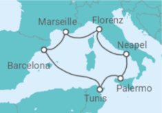 Reiseroute der Kreuzfahrt  Tunesien, Italien, Frankreich mit Flug - MSC Cruises