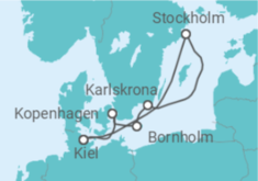 Reiseroute der Kreuzfahrt  Kiel • Kopenhagen • Bornholm • Karlskrona • Stockholm • Kiel - Nicko Cruises