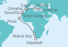 Reiseroute der Kreuzfahrt  25 Nächte - Weltentdecker-Route - ab Heraklion/bis Kapstadt
- Mein Schiff