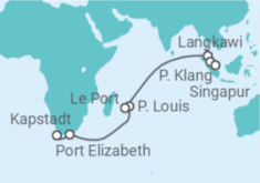 Reiseroute der Kreuzfahrt  20 Nächte - Indischer Ozean mit Mauritius - ab Kapstadt/bis Singapur - Mein Schiff