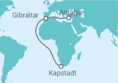 Reiseroute der Kreuzfahrt  17 Nächte - Transozean mit Gibraltar - ab Antalya/ bis Kapstadt - Mein Schiff